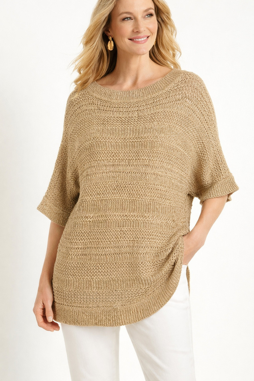 Chicos Travelers Collection Metallic Open Knit Top 3 Beige Gold Textured Tunic